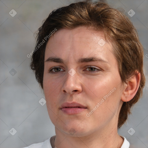 Neutral white young-adult female with medium  brown hair and brown eyes