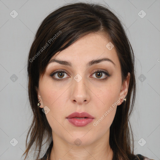 Neutral white young-adult female with medium  brown hair and brown eyes