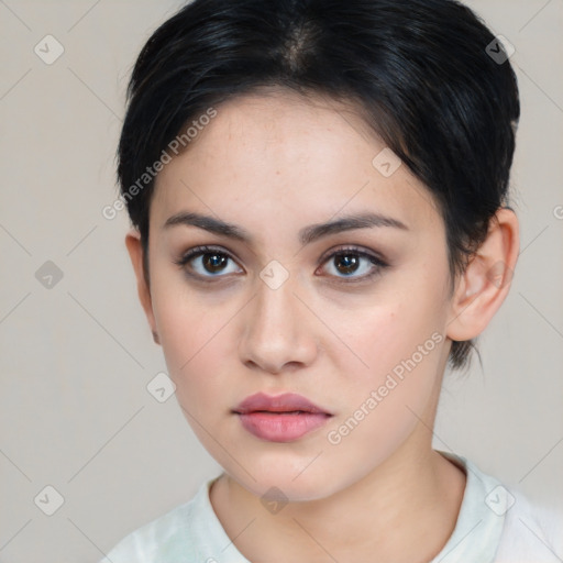 Neutral white young-adult female with medium  brown hair and brown eyes