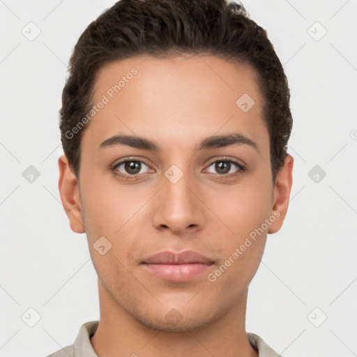 Neutral white young-adult male with short  brown hair and brown eyes