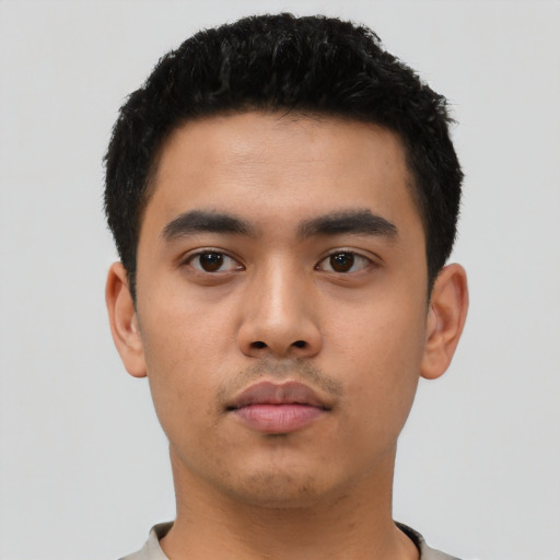 Neutral asian young-adult male with short  black hair and brown eyes