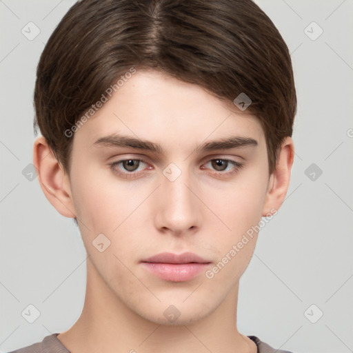 Neutral white young-adult male with short  brown hair and brown eyes