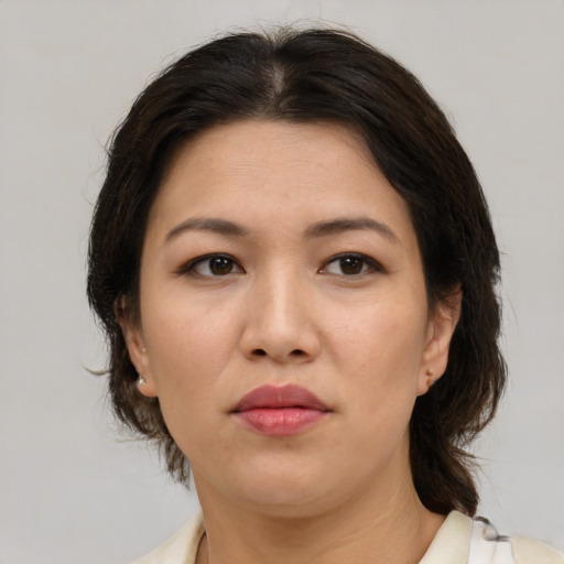 Neutral white adult female with medium  brown hair and brown eyes
