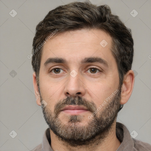 Neutral white adult male with short  black hair and brown eyes