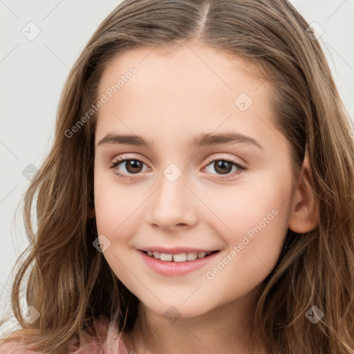 Joyful white child female with long  brown hair and brown eyes