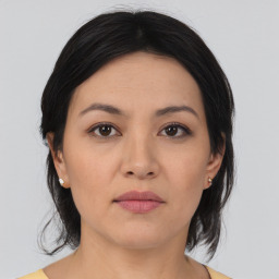 Neutral asian young-adult female with medium  black hair and brown eyes