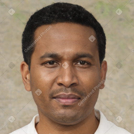 Neutral black young-adult male with short  black hair and brown eyes
