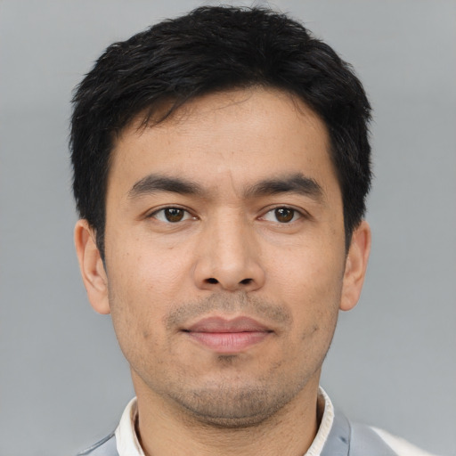 Neutral asian young-adult male with short  black hair and brown eyes