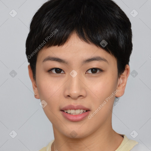 Joyful asian young-adult female with short  brown hair and brown eyes