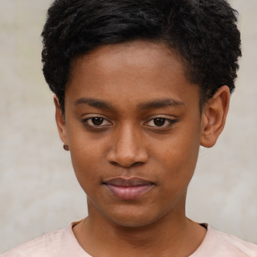 Neutral black young-adult female with short  black hair and brown eyes