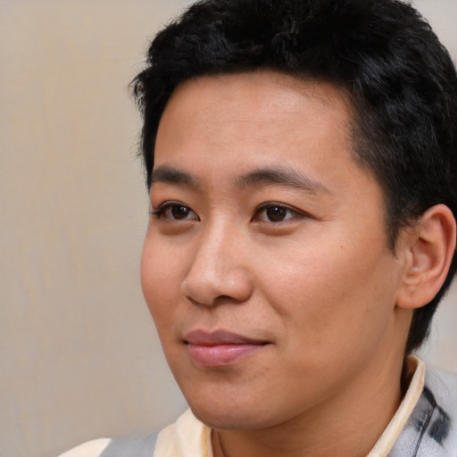 Neutral asian young-adult male with short  black hair and brown eyes
