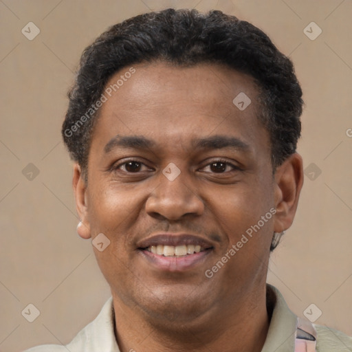 Joyful latino adult male with short  black hair and brown eyes