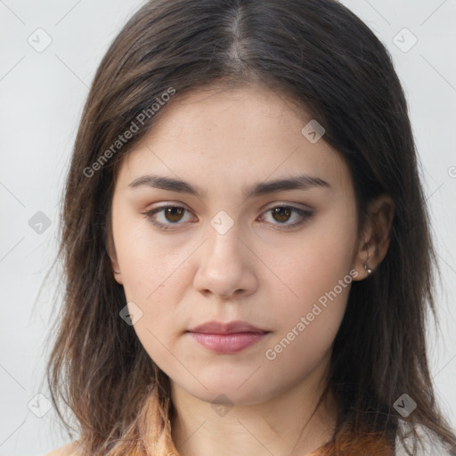 Neutral white young-adult female with medium  brown hair and brown eyes