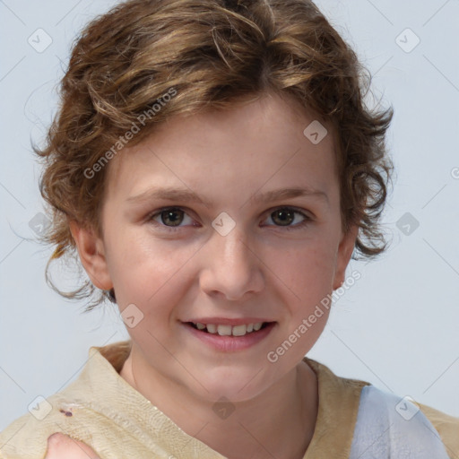 Joyful white child female with medium  brown hair and blue eyes