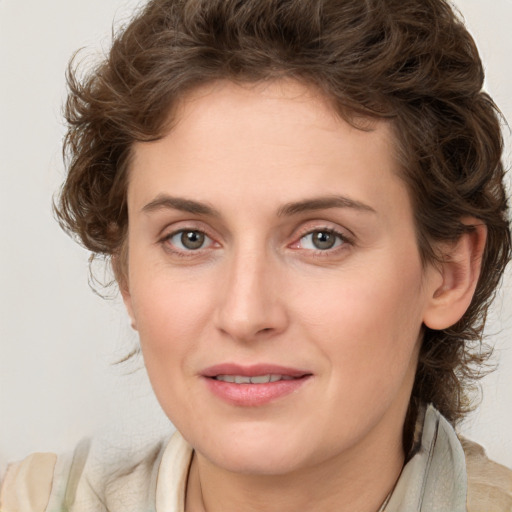 Joyful white young-adult female with medium  brown hair and green eyes