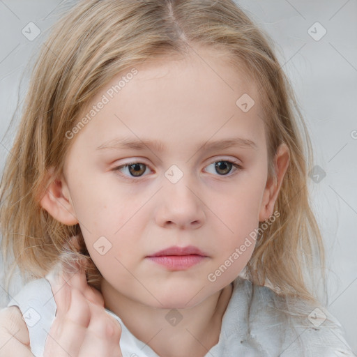 Neutral white child female with medium  brown hair and blue eyes