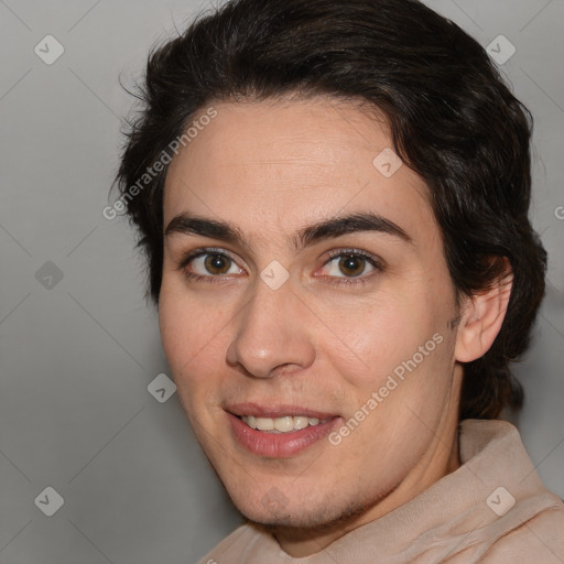 Joyful white adult female with medium  brown hair and brown eyes