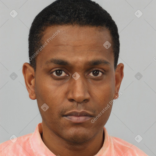 Neutral black young-adult male with short  black hair and brown eyes