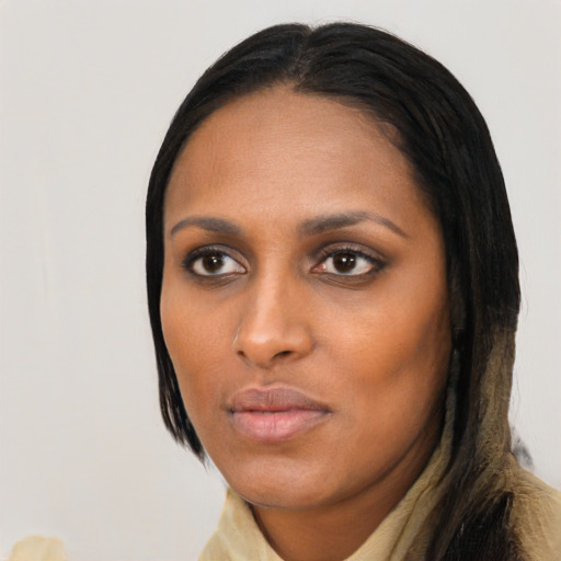 Neutral asian young-adult female with long  brown hair and brown eyes