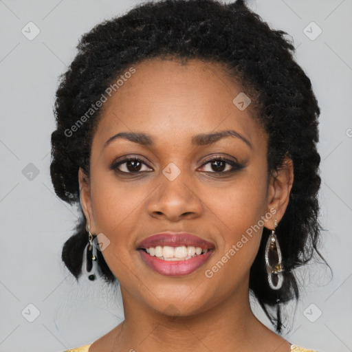 Joyful black young-adult female with medium  black hair and brown eyes