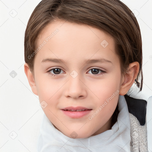 Joyful white child female with medium  brown hair and brown eyes