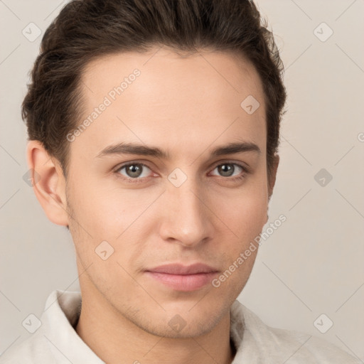 Neutral white young-adult male with short  brown hair and brown eyes