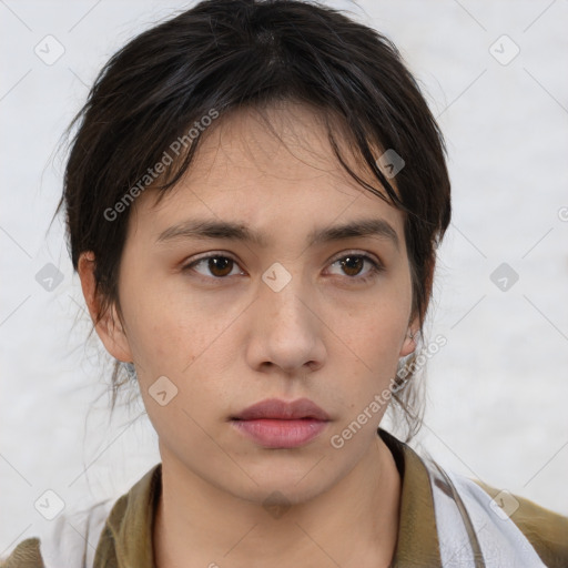 Neutral white young-adult female with medium  brown hair and brown eyes