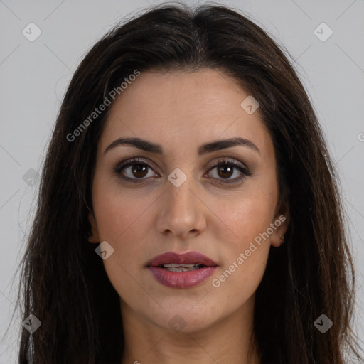 Joyful white young-adult female with long  brown hair and brown eyes