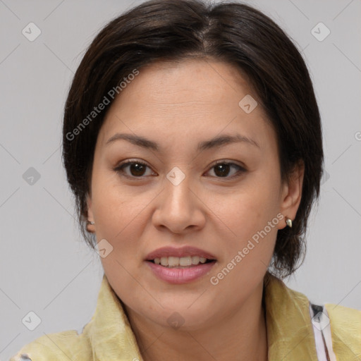 Joyful white adult female with medium  brown hair and brown eyes
