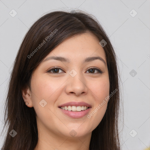 Joyful white young-adult female with long  brown hair and brown eyes