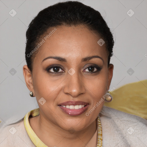 Joyful latino young-adult female with short  brown hair and brown eyes