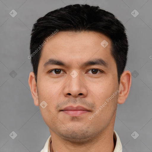 Neutral asian young-adult male with short  black hair and brown eyes