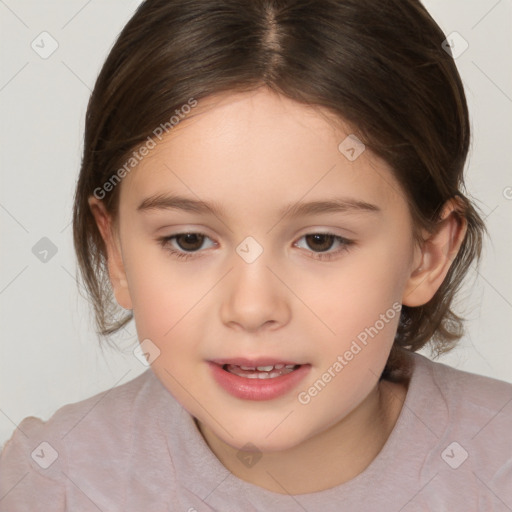 Joyful white child female with medium  brown hair and brown eyes