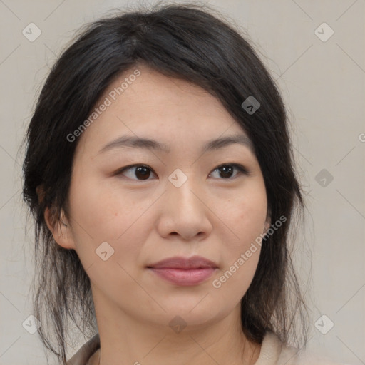 Neutral asian young-adult female with medium  brown hair and brown eyes