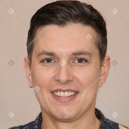 Joyful white adult male with short  brown hair and brown eyes