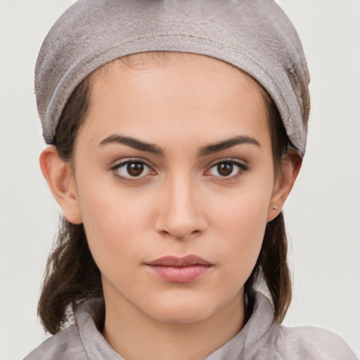 Neutral white young-adult female with medium  brown hair and brown eyes