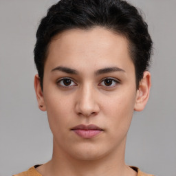 Neutral white young-adult female with short  brown hair and brown eyes