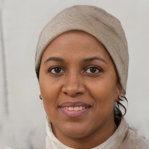 Joyful white adult female with short  black hair and brown eyes