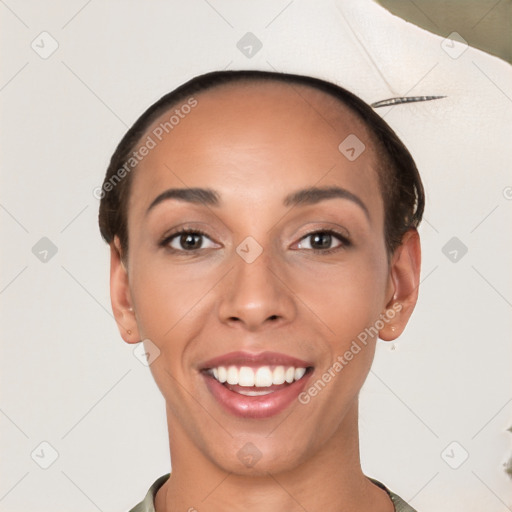 Joyful white young-adult female with short  brown hair and brown eyes