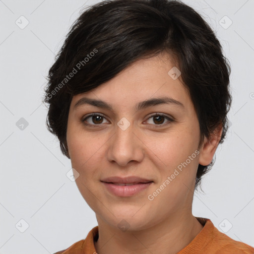 Joyful white young-adult female with short  brown hair and brown eyes