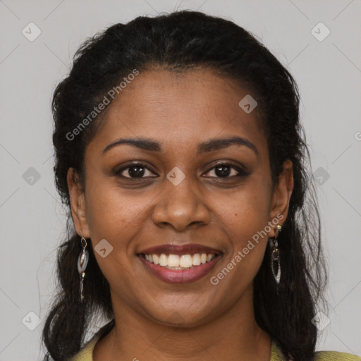 Joyful black young-adult female with medium  brown hair and brown eyes