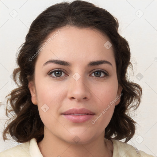 Neutral white young-adult female with medium  brown hair and brown eyes