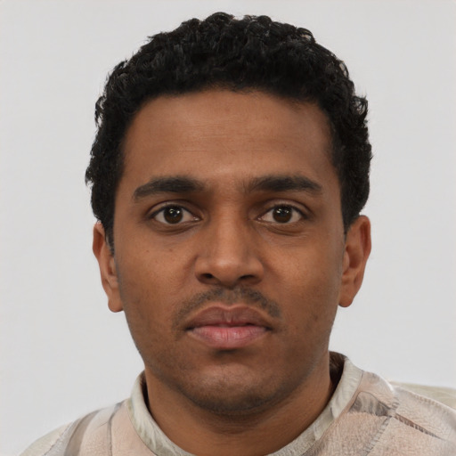 Neutral black young-adult male with short  black hair and brown eyes