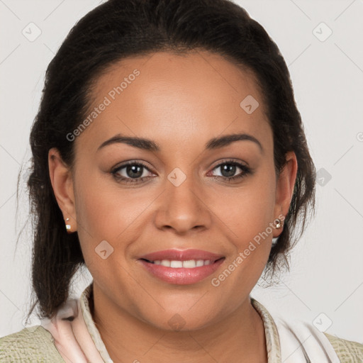 Joyful white young-adult female with medium  brown hair and brown eyes