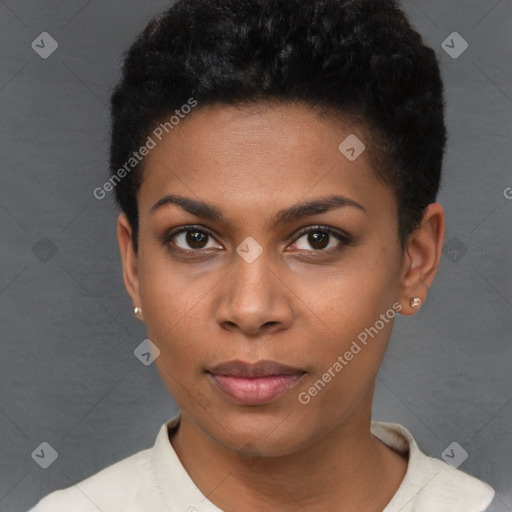 Neutral black young-adult female with short  black hair and brown eyes