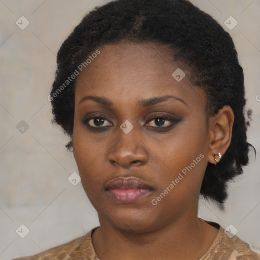 Neutral black young-adult female with short  black hair and brown eyes