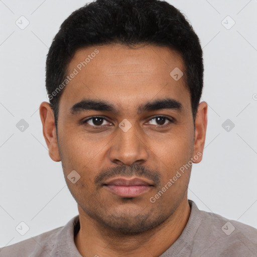 Neutral latino young-adult male with short  black hair and brown eyes
