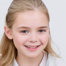 Joyful white child female with medium  brown hair and blue eyes