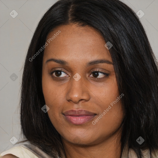 Joyful asian young-adult female with long  black hair and brown eyes