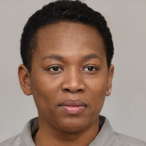 Joyful black young-adult female with short  black hair and brown eyes